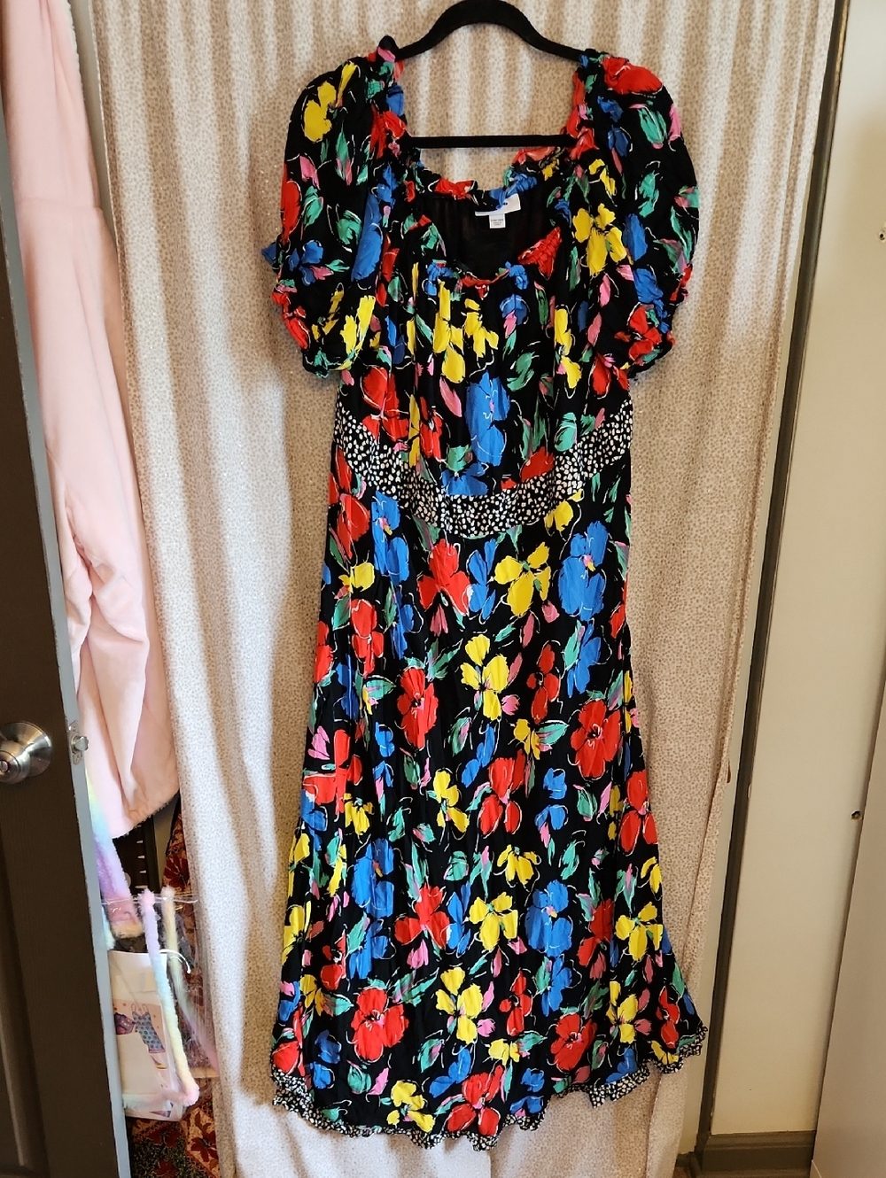 RIXO Black Maxi Dress with Red, Blue, Yellow & Green Floral Print